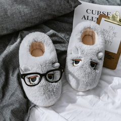 Damen Hausschuhe mit tierischem Motiv und weichem Fleece-Innenfutter in Hellgrau