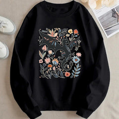 Damen Sweatshirt mit detailliertem Drachen- und Blumenmotiv in Schwarz