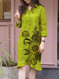 Damen Hemdblusenkleid mit floralen Motiven und tailliertem Schnitt in Gelb