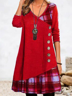 Langarm Karodetails Kleid für Damen in Rot