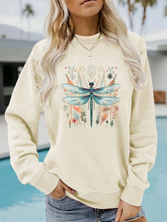 Damen Sweatshirt mit einzigartigem Libellen-Print und botanischem Design in Aprikose