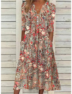 Halblanges Blumenkleid mit Taschen für Damen in Rot