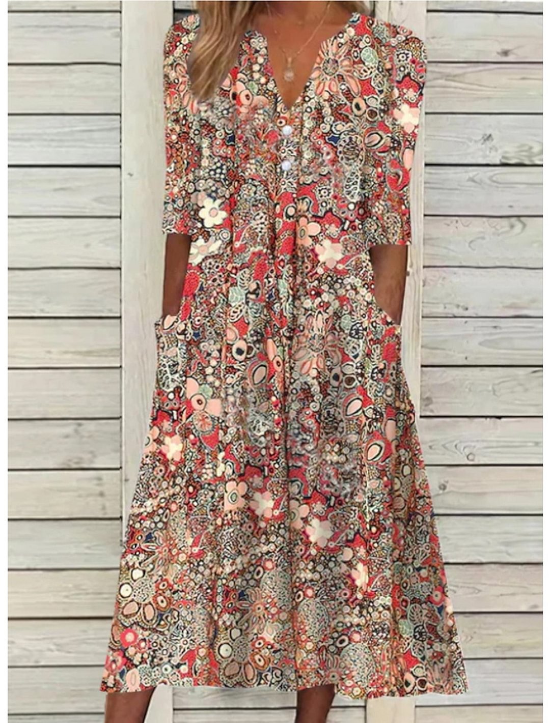 Halblanges Blumenkleid mit Taschen für Damen