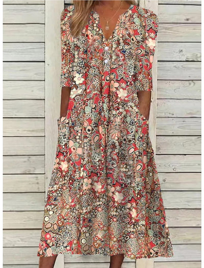 Halblanges Blumenkleid mit Taschen für Damen