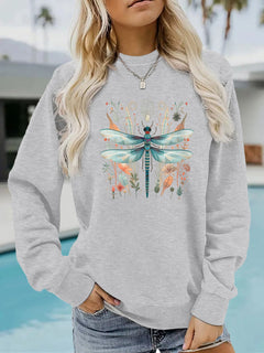 Damen Sweatshirt mit einzigartigem Libellen-Print und botanischem Design in Grau