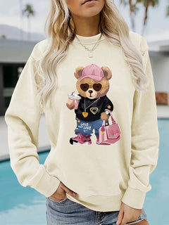 Damen Sweatshirt mit einzigartigem Cartoon-Bären-Motiv und modischem Schriftzug in Khaki