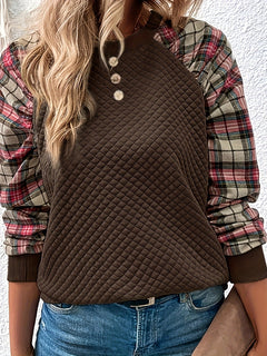 Damen Sweatshirt mit Gitterstruktur und karierten Ärmeln in Dunkelbraun