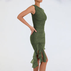 Jasmine - Asymmetrisches Ruffled Mesh-Minikleid in Grün