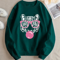 Damen Sweatshirt mit kreativem Tiger-Design und lässigem Schnitt in Grün