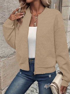 Damen modische Sweatjacke mit strukturiertem Design und Reißverschluss in Khaki