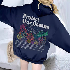 Damen Kapuzenpullover mit umweltfreundlichem Schildkröten- und Korallenmotiv in Dunkelblau