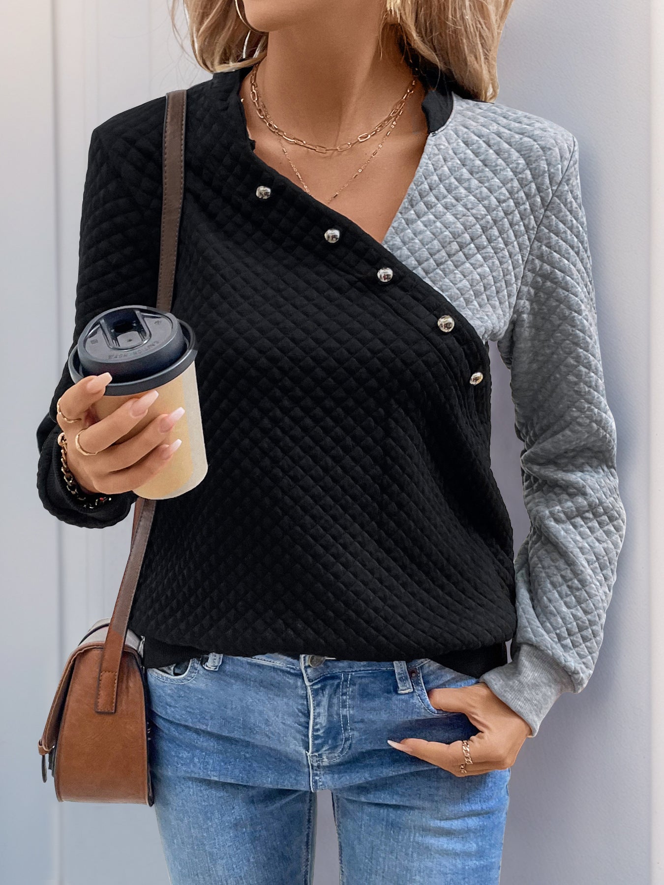 DEKORATIVER KNOPF KONTRAST LANGARMPULLOVER | ELEGANTER STIL, KOMFORTABELER TRAGEKOMFORT