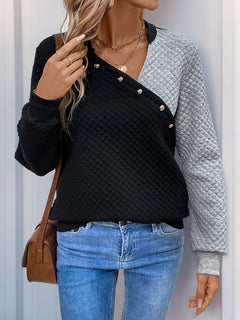 DEKORATIVER KNOPF KONTRAST LANGARMPULLOVER | ELEGANTER STIL, KOMFORTABELER TRAGEKOMFORT in Schwarz