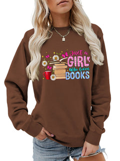 Damen Sweatshirt mit auffälligem Buchmotiv und lässiger Passform in Braun
