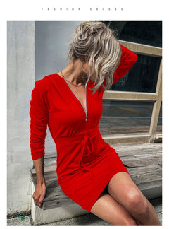 Damen sportliches Kleid mit Reißverschluss und regulierbarem Gürtel in Rot