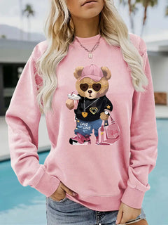 Damen Sweatshirt mit einzigartigem Cartoon-Bären-Motiv und modischem Schriftzug in Rosa