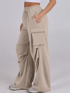 Damen lässige Cargo-Hose mit elastischem Bund und weiten Beinen in Beige