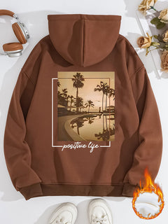 Damen Kapuzenpullover mit urbanem Palmenmotiv und positivem Schriftzug in Braun