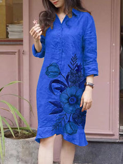 Damen Hemdblusenkleid mit floralen Motiven und tailliertem Schnitt in Blau