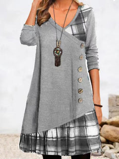 Langarm Karodetails Kleid für Damen in Hellgrau