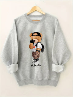 Damen Sweatshirt mit künstlerischem Bärendesign und lässigem Schnitt in Grau