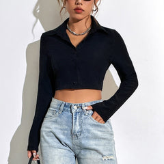 Damen cooles Crop-Oberteil mit zeitgemäßem Kragen und schmalem Schnitt in Schwarz