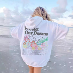 Damen Kapuzenpullover mit umweltfreundlichem Schildkröten- und Korallenmotiv in Weiß