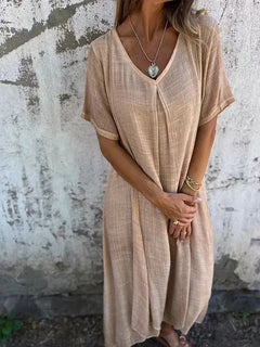 Amber | Elegantes V-Ausschnitt-Midikleid in Beige