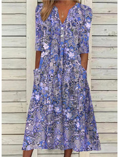 Halblanges Blumenkleid mit Taschen für Damen in Blau