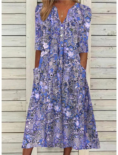 Halblanges Blumenkleid mit Taschen für Damen