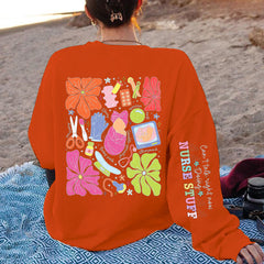 Damen Sweatshirt mit buntem Grafikdesign und originellem Pflege-Motiv in Orange