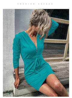 Damen sportliches Kleid mit Reißverschluss und regulierbarem Gürtel in Pfauenblau
