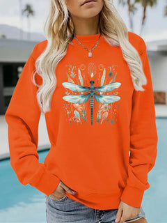 Damen Sweatshirt mit einzigartigem Libellen-Print und botanischem Design in Orange