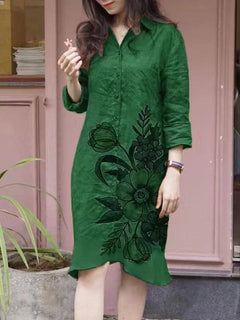 Damen Hemdblusenkleid mit floralen Motiven und tailliertem Schnitt in Grün