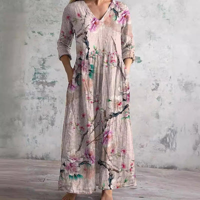 Damen Sommer-Maxikleid mit Blumenmuster und V-Ausschnitt