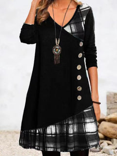 Langarm Karodetails Kleid für Damen in Schwarz