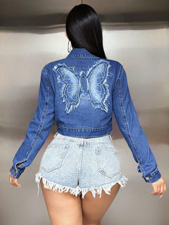 Damen Jeansjacke mit ausgefallenem Schmetterlings-Motiv sowie Fransen-Details in Blau