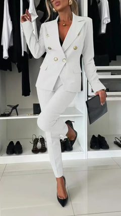 Damen elegantes Anzug-Set mit doppelter Knopfleiste und taillierter Passform in Weiß