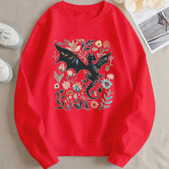 Damen Sweatshirt mit detailliertem Drachen- und Blumenmotiv in Rot