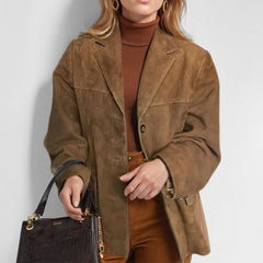 Damen eleganter Oversized-Blazer aus Wildlederimitat in Braun