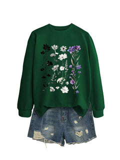 Damen Sweatshirt mit floralem Grafikdesign und weichem Innenfutter in Dunkelgrün