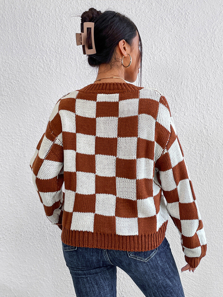 DAME KARIERTER RUNDHALS LANGARMPULLOVER | MODISCHER, BEQUEMER, VIELSEITIGER