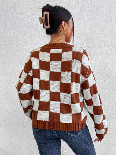 DAME KARIERTER RUNDHALS LANGARMPULLOVER | MODISCHER, BEQUEMER, VIELSEITIGER