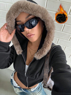 Damen cropped Hoodie mit luxuriösem Fellbesatz in Schwarz