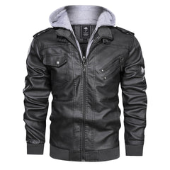 Lederjacke Herren abnehmbar Kapuze und Taschen in Grau