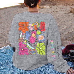 Damen Sweatshirt mit buntem Grafikdesign und originellem Pflege-Motiv in Grau