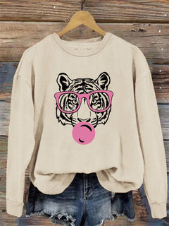 Damen Sweatshirt mit kreativem Tiger-Design und lässigem Schnitt in Khaki