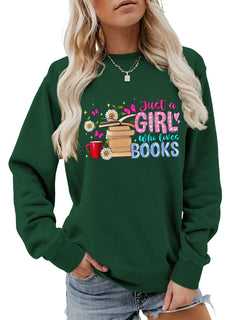 Damen Sweatshirt mit auffälligem Buchmotiv und lässiger Passform in Dunkelgrün