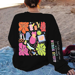 Damen Sweatshirt mit buntem Grafikdesign und originellem Pflege-Motiv in Schwarz