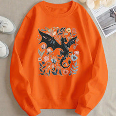 Damen Sweatshirt mit detailliertem Drachen- und Blumenmotiv in Orange